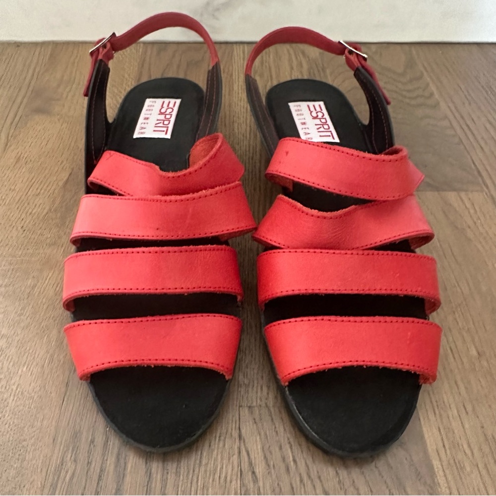 Brand New Esprit Vintage Strappy Leather Slingback Platform Sandal Red Black 10 - Picture 8 of 9